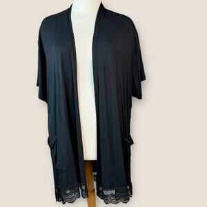 ZERDOCEAN Women Plus 4X Black Long Open Cardigan Short Sleeve Laced Lightweight